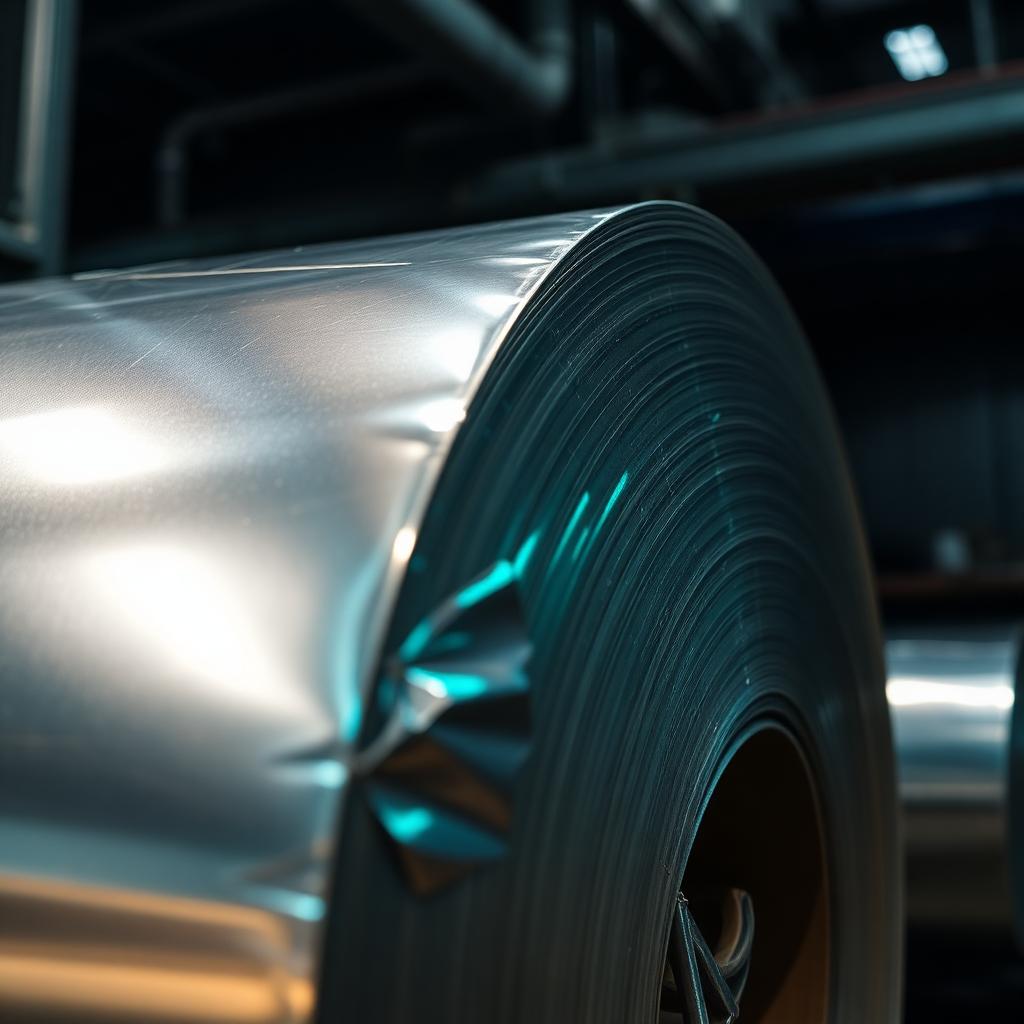 Metallized packaging film roll close-up